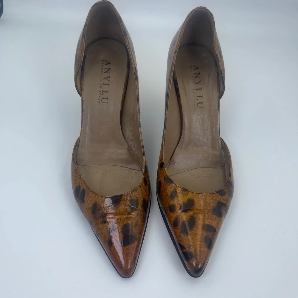 Anyi Lu Leopard Print Pumps Womens 39 Brown Good Leather‎ d'Orsay Pointed Toe